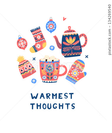 Warm Winter Hygge Set with Teapot, Mug, Mittens and Ornaments, Cozy Holiday Illustration 134269540