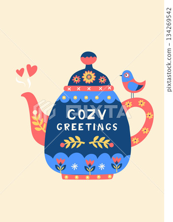 Cozy Folk Art Teapot with Bird, Scandinavian Winter Greeting Card Illustration Cozy Folk Art Teapot with Bird, Scandinavian Winter Greeting Card Illustration 134269542