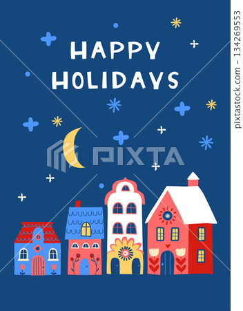Scandi Christmas Village at Night, Cozy Happy Holidays Illustration 134269553