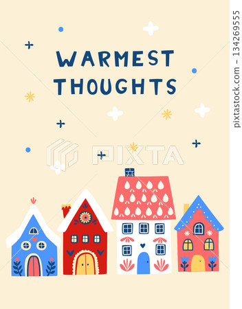 Scandi Christmas Village at Night, Cozy Happy Holidays Illustration 134269555