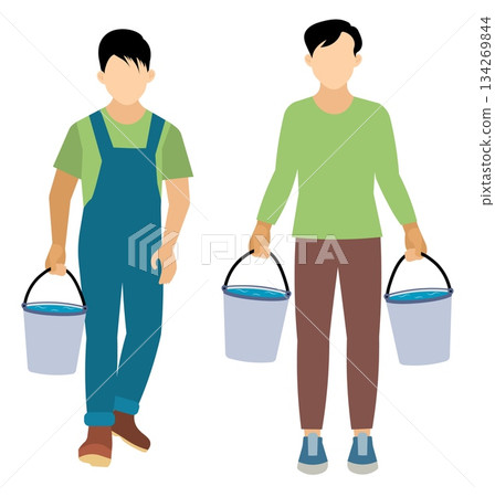 People on a farm. Men carry water in buckets. Agriculture, farm work. Vector, isolated People on a farm. Men carry water in buckets. Agriculture, farm work. Vector, isolated 134269844