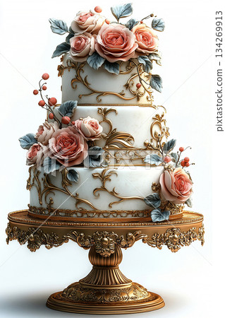 Various cakes in neutral tones on dessert stand with soft lighting. 134269913