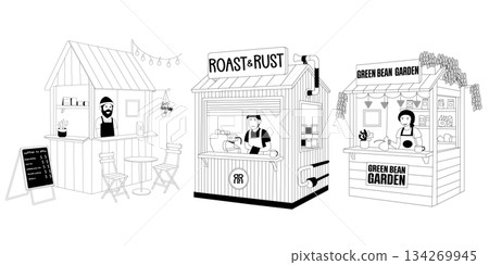 A line drawing illustration featuring three distinct small market stalls or kiosks, each representing a small business. A line drawing illustration featuring three distinct small market stalls or kiosks, each representing a small business. 134269945
