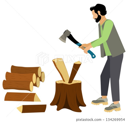 People on a farm. A man chops wood with an axe. Agriculture, farm work. Vector, isolated 134269954