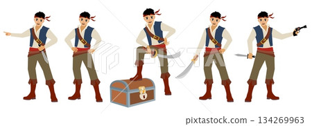 Pirates.  The young pirate stands in different poses. Pirate adventure. Isolated. 134269963