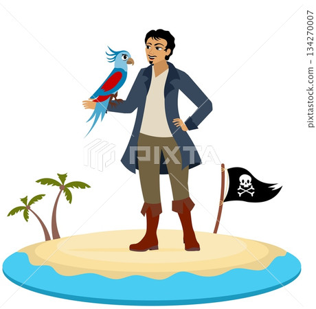 Pirates. A pirate and his parrot on an island. Pirate adventure. Isolated. Pirates. A pirate and his parrot on an island. Pirate adventure. Isolated. 134270007