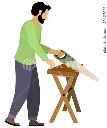 People on a farm. A man is sawing a board. Agriculture, farm work. Vector, isolated People on a farm. A man is sawing a board. Agriculture, farm work. Vector, isolated 134270014