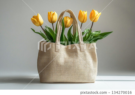 Reusable shopping bag made of fabric with a bouquet of yellow tulips on a white background. Reusable shopping bag made of fabric with a bouquet of yellow tulips on a white background. 134270016