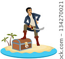 Pirates.  A pirate with a treasure chest on an island. Pirate adventure. Isolated. 134270021