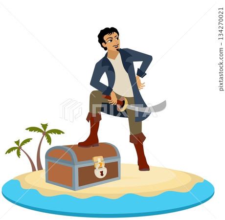 Pirates.  A pirate with a treasure chest on an island. Pirate adventure. Isolated. 134270021