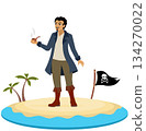 Pirates.  A pirate smokes a pipe on an island. Pirate adventure. Isolated. 134270022