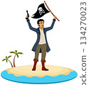 Pirates.  A pirate with a pistol waves a flag on an island. Pirate adventure. Isolated. 134270023