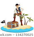Pirates.  Corsair with a chest on the island. Pirate adventure. Isolated. 134270025