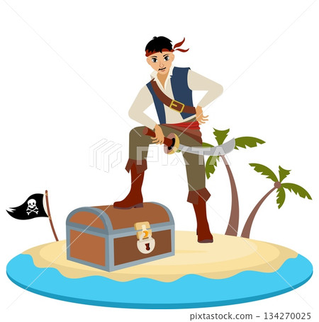Pirates. Corsair with a chest on the island. Pirate adventure. Isolated. Pirates. Corsair with a chest on the island. Pirate adventure. Isolated. 134270025
