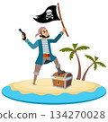Pirates.  A corsair with a flag and a pistol on an island. Pirate adventure. Isolated. 134270028