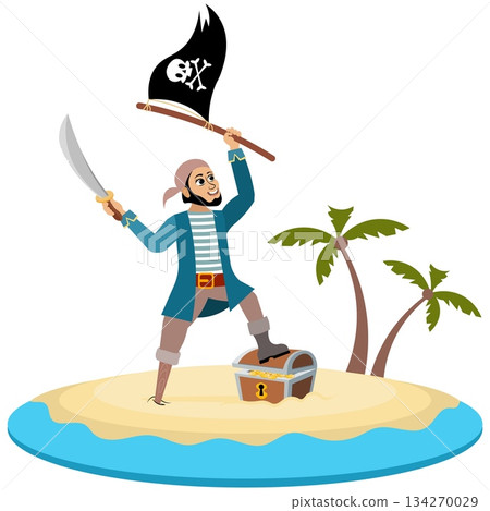 Pirates. Corsair and the treasure chest on the island. Pirate adventure. Isolated. Pirates. Corsair and the treasure chest on the island. Pirate adventure. Isolated. 134270029