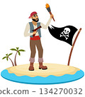 Pirates.  A pirate with a pistol and a torch on an island. Pirate adventure. Isolated. 134270032