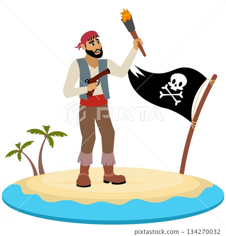 Pirates. A pirate with a pistol and a torch on an island. Pirate adventure. Isolated. Pirates. A pirate with a pistol and a torch on an island. Pirate adventure. Isolated. 134270032