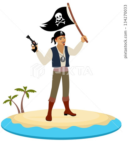 Pirates.  A corsair with a pistol and a flag on an island. Pirate adventure. Isolated. 134270033