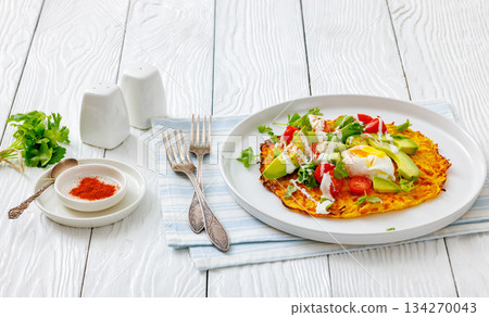 potato rosti topped with poached egg, avocado 134270043