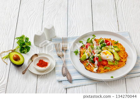 potato rosti topped with poached egg, avocado potato rosti topped with poached egg, avocado 134270044