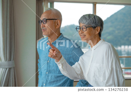 Elderly couple pointing out the window Elderly couple pointing out the window 134270238