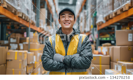 一名男性工作人員正在倉庫檢查入庫貨物。這是一幅專業員工認真核對數據和實物的專業工作場景。 134270258