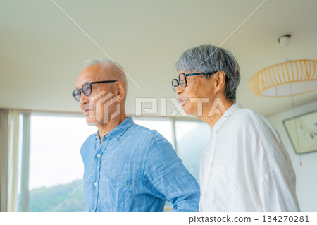 Elderly couple traveling, looking out the window 134270281