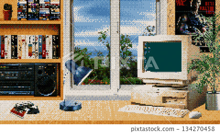 8-bit room interior from the past. Pixel vintage room background from the 90s. Retro desktop screensaver near the window. 134270458