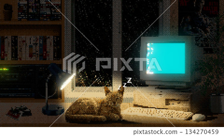 8-bit night room interior from the past. Pixel vintage room background from the 90s. Retro desktop screensaver near the window. 134270459