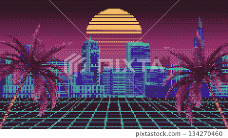 Pixel city background with palm trees. 8 bit retro background. Mosaic background of a town panorama. 80s, 90s style. 134270460