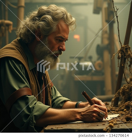 AI generated Senior Caucasian craftsman carving wood in rustic workshop 134270614