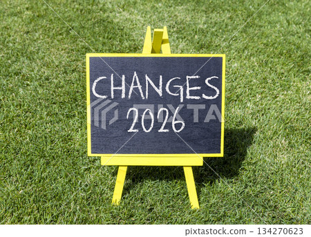 Changes 2026 symbol. Concept words Changes 2026 on beautiful black blackboard. Beautiful green grass background. Business and changes 2026 concept. Copy space. 134270623