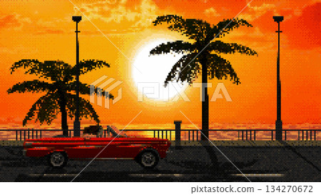 A red convertible driving against a backdrop of sea and palm trees in the evening in 8-bit graphics. Pixel background sunset over the sea. Retro game background in the style of the 80s and 90s. A red convertible driving against a backdrop of sea and palm trees in the evening in 8-bit graphics. Pixel background sunset over the sea. Retro game background in the style of the 80s and 90s. 134270672