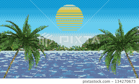 Pixel tropical background. 8-bit retro background. Mosaic of tropical island panorama. Arcade 2D graphic. Pixel tropical background. 8-bit retro background. Mosaic of tropical island panorama. Arcade 2D graphic. 134270673