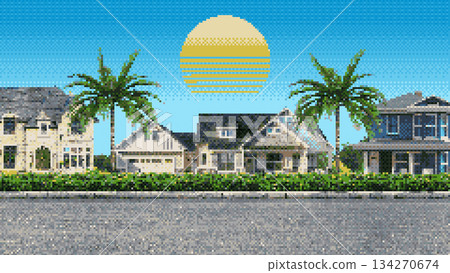 Street background in 8-bit style graphics. Pixel panorama with houses and palm trees. Mosaic panorama of a tropical city. Arcade 2D graphics. 134270674