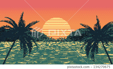 Pixel tropical background in 4K. 8-bit panoramic retro background. Mosaic animation sunset on tropical island. Arcade 2D graphic. 134270675