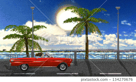A red convertible driving against a backdrop of sea and palm trees in 8-bit graphics. Retro pixel background of a tropical island. Retro pixel intro in the style of the 80s and 90s. A red convertible driving against a backdrop of sea and palm trees in 8-bit graphics. Retro pixel background of a tropical island. Retro pixel intro in the style of the 80s and 90s. 134270676