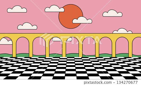 Background in vintage style. 2D Abstract drawn illustration. Abstract background of shapes. Checkered field with arches. Retro art. 134270677