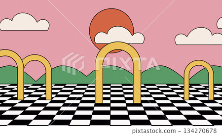 Background in vintage style. 2D Abstract drawing background of shapes. Checkered field with arches. Retro art. 134270678