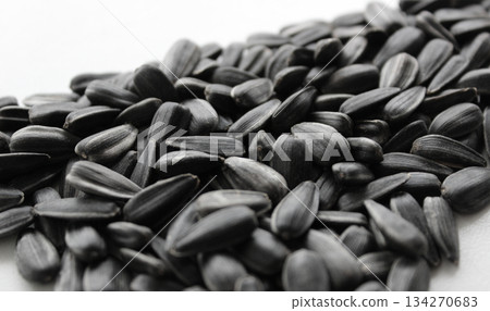 Sunflower seeds laid out in an even layer to dry extreme closeup angle view  134270683