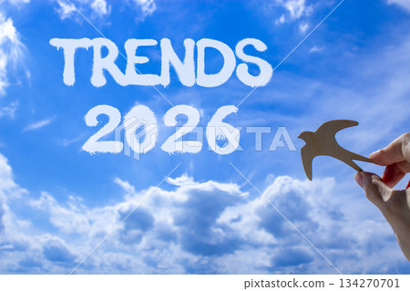 Trends 2026 new year symbol. Concept words Trends 2026 on beautiful blue sky. Beautiful blue sky background. Businessman's hand holds wooden bird. Business and Trends 2026 new year concept. Copy space Trends 2026 new year symbol. Concept words Trends 2026 on beautiful blue sky. Beautiful blue sky background. Businessman's hand holds wooden bird. Business and Trends 2026 new year concept. Copy space 134270701
