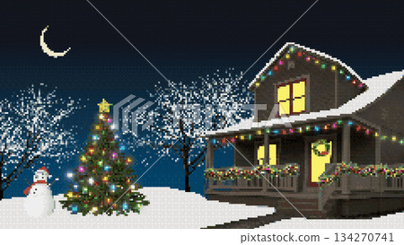 8-bit pixel background featuring a Christmas house and yard with a Christmas tree. A residential building decorated for Christmas in the evening. 8-bit pixel background featuring a Christmas house and yard with a Christmas tree. A residential building decorated for Christmas in the evening. 134270741