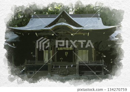 長野縣諏訪市詰訪護國神社參拜殿水彩畫 134270759