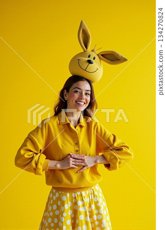 AI generated Youthful woman wearing cheerful spring ensemble with bunny hat and polka dots 134270824