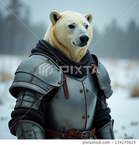 AI generated Lone polar bear watches over snowcovered fields beneath cloudy winter sky 134270825