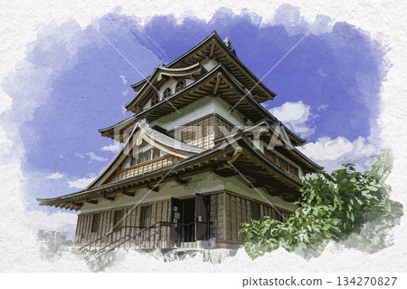 水彩畫描繪了長野縣詰訪市諏訪高島城及其天守閣。 134270827