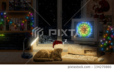 8-bit Christmas night room interior from the past. Pixel christmas vintage room background from the 90s. Retro desktop wallpaper next to a window for the New Year. 8-bit Christmas night room interior from the past. Pixel christmas vintage room background from the 90s. Retro desktop wallpaper next to a window for the New Year. 134270860