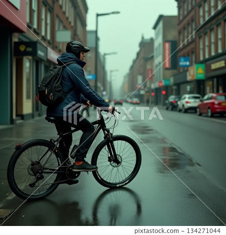 AI generated Bicyclist passing through rainsoaked cityscape with reflective puddles 134271044