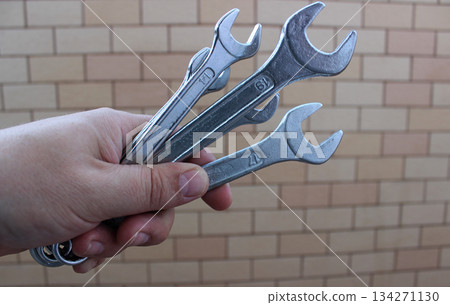 Bunch Of Wrenches In A Hand Of Mechanician Detailed Stock Photo  134271130
